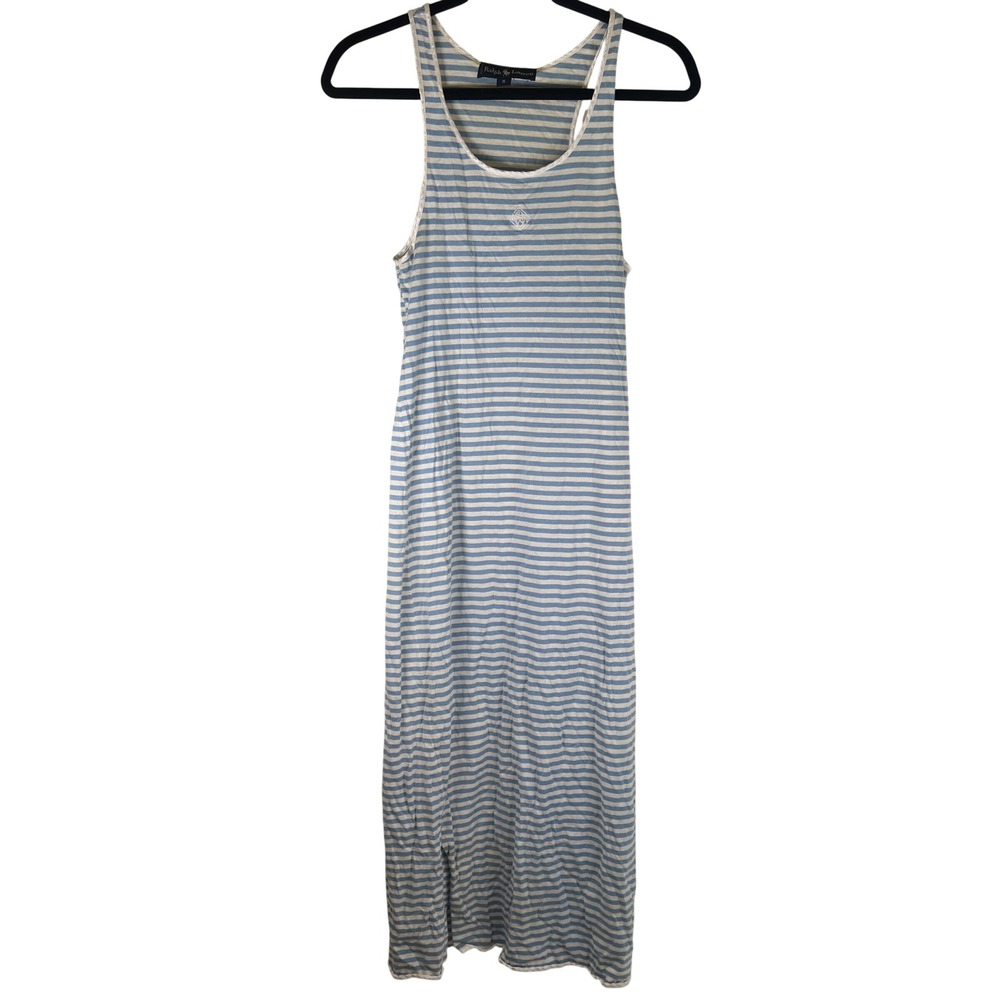Ralph Lauren Maxi‎ Nightgown S Blue Stripe Cotton Racerback Made in USA Vintage